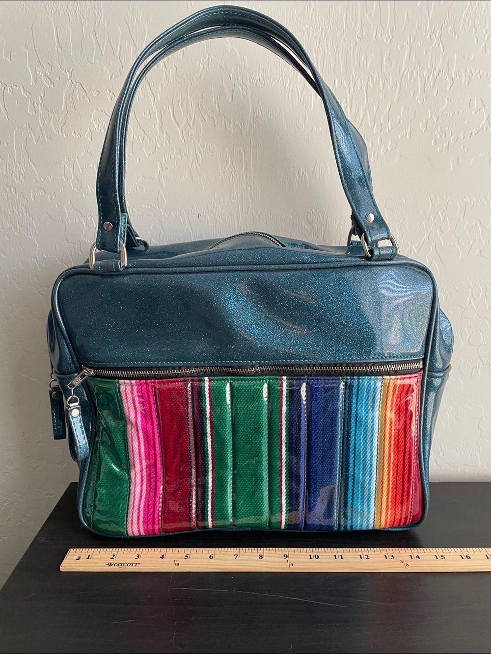Trophy Queen Metallic Teal Shoulder Bag with Multicolor Stripe Front - Picture 3 of 7